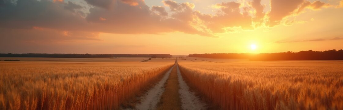 Golden wheat field with dirt path under orange sunset sky. Tall grain stalks reach towards the horizon. Warm light illuminates the countryside at dusk. End of farming day.