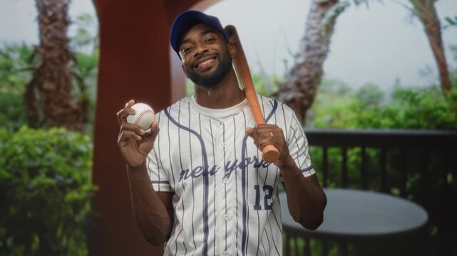 Man smiling, holding baseball in right hand and wooden bat on shoulder, wearing striped jersey and blue cap at building archway; confidence determination.