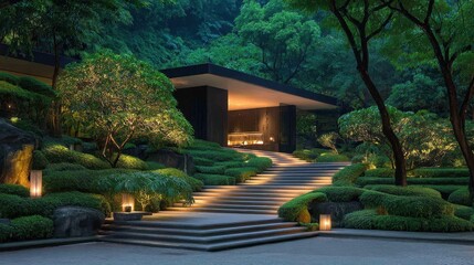 Obraz premium Serene Modern Architecture Surrounded by Lush Greenery and Soft Ambient Lighting at Night in Tranquil Landscape