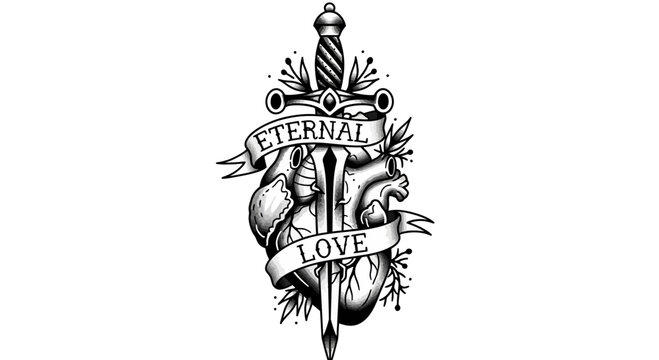 Eternal Love Dagger Through Heart Tattoo Design.