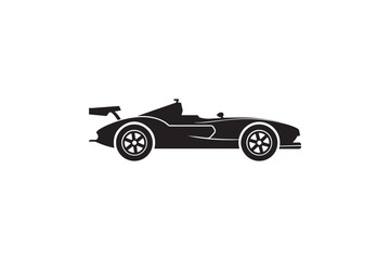 Fototapeta premium Sleek sports car silhouette with spoiler and racing wheels, black on white background, isolated vector illustration, represents speed and performance