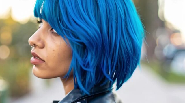 Junge Frau mit blauen Haaren und Piercings