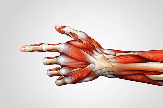Amyotrophic Lateral Sclerosis Human hand anatomy showing bones and red muscle fibers pointing left