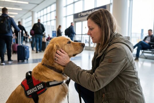 A woman sits in an airport terminal, gently touching the head of her service dog. People and luggage can be seen in the background, suggesting a busy travel day