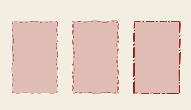 set of three hand-drawn frames featuring a light beige background and red, whimsical borders including wavy and dashed line styles, perfect for a coquette or vintage aesthetic, girly design backdrops