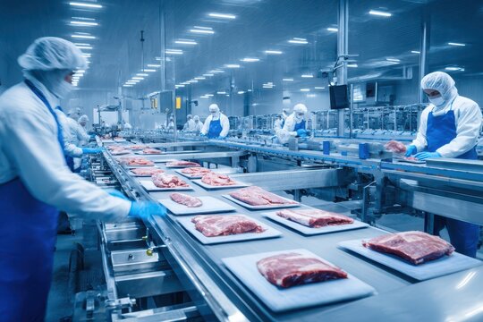 Industrial meat processing plant with automated production line for cutting and packaging