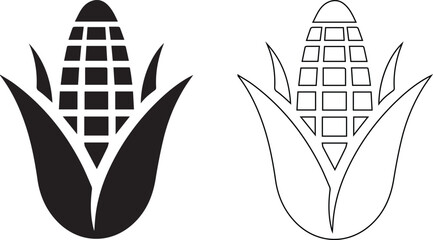 Black and white illustration of an ear of corn with leaves  agricultural symbol. eps
