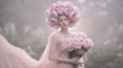 Ethereal Young Woman with Pink Peony Flower Crown and Bouquet in Misty Fog