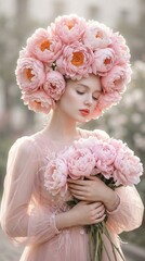 Ethereal Young Woman with Pink Peony Flower Crown and Bouquet in Misty Fog