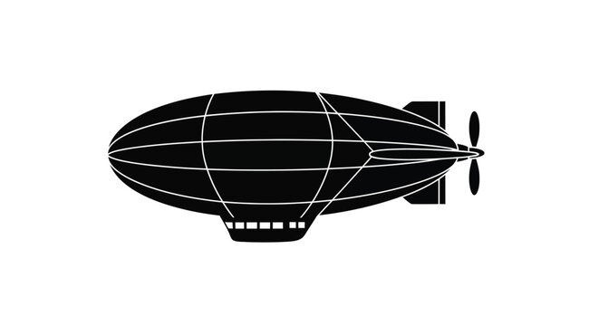 A stark black silhouette of a classic airship featuring a propeller