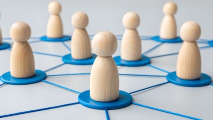 Obraz premium Teamwork and Network Concept – Wooden Peg Figures Connected by Blue Lines, Collaboration, Social Structure, Interpersonal Communication