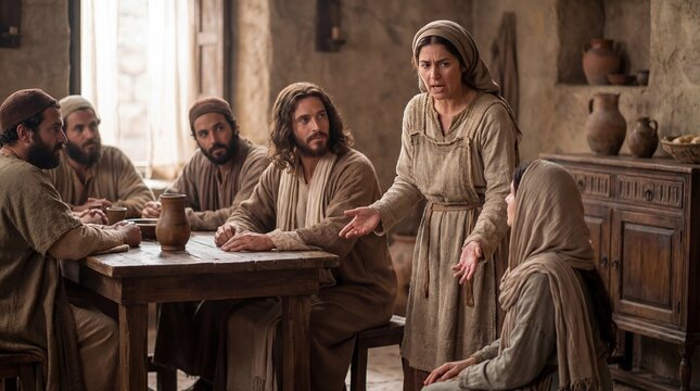 Martha complains about Mary to Jesus Christ. A woman is talking to a bearded man and another woman at a rustic table. The Biblical scene, historical reconstruction, and the concept of religious educat