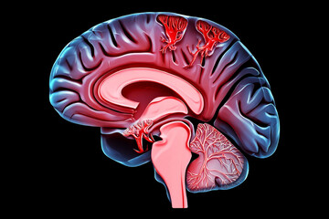 Amyotrophic Lateral Sclerosis Sagittal view of human brain with highlighted red vascular structures