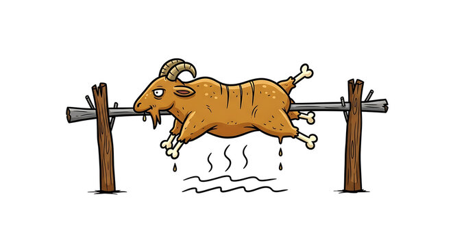 A cartoon goat hangs from a wooden spit, roasting over an open flame, viewed from the side.