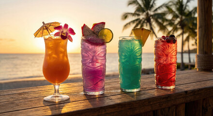Colorful tiki cocktails on wooden bar on beach