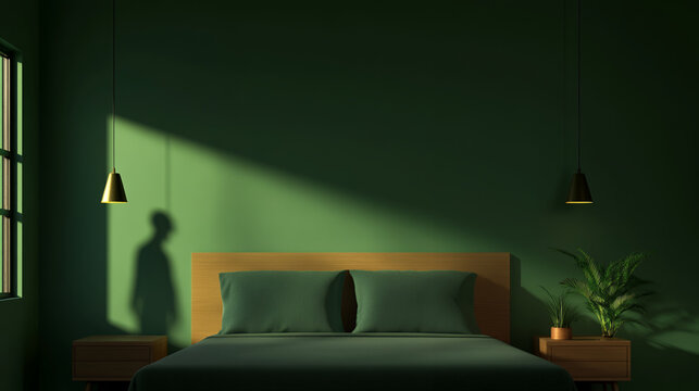 Calm surreal bedroom interior green wall shadow minimal design modern lamp