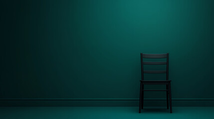 Minimalist chair empty room dark green wall moody interior quiet atmosphere surrealism art lonely concept dramatic lighting simple design modern style quiet atmosphere surrealism art scene with