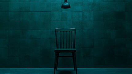 Dark chair empty room single lamp moody lighting minimal interior teal wall dramatic shadow lonely atmosphere wooden furniture spotlight chair Empty room with single lamp casts moody lighting over