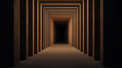Corridor tunnel architecture geometric symmetry perspective interior hallway wood shadow Mysterious corridor tunnel with geometric symmetry and deep shadow perspective, wooden interior hallway