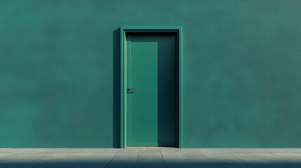 Minimalist door, modern architecture, teal wall, quiet street surrealism mood, urban exterior design, simple geometry create calm visual focus