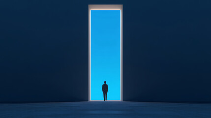 Minimalist silhouette doorway surrealism quiet blue futuristic interior abstract light Minimalist silhouette doorway surrealism scene with quiet blue futuristic interior abstract light glow
