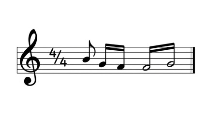 Musical notes on a staff with a treble clef and quarter time signature viewed from directly above