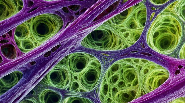 Colorful magnified cellular structure shows interconnected fibers and circular spaces, with varying green and purple hues