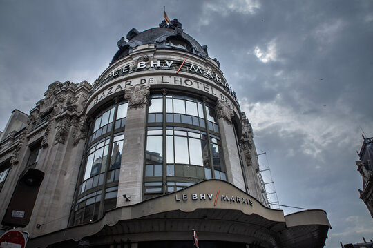 PARIS, FRANCE - JUNE 22, 2025: Low angle view of Le BHV Marais in Paris, France, showing Bazar de l'Hotel de Ville signage, BHV is a french department store, part of Groupe SGM.