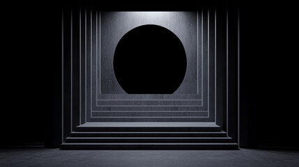 Minimalist geometry abstract architecture quiet surrealism scene with dark stair, black circle portal, modern corridor, mysterious shadow mood and dramatic light composition for creative concept