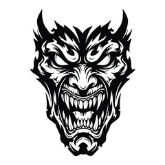 Fototapeta premium Fierce demon face with sharp teeth and horns in black and white