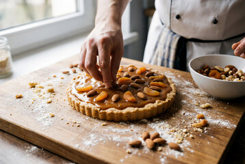 Professional male chef decorating traditional polish mazurek cake with almond and apricot on wooden board for Easter bakery workshop or handmade dessert advertisement