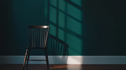 Minimalist chair shadow interior, quiet room surrealism mood, empty space concept with dramatic window light on dark wall and wooden floor