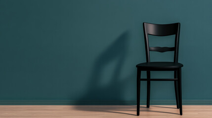 Minimalist chair shadow quiet interior surrealism teal wall wood floor empty space modern calm composition