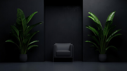 Minimalist modern black interior chair plant quiet surrealism luxury dark design Modern minimalist black interior with armchair and plant quiet surrealism style creates luxury dark design for calm