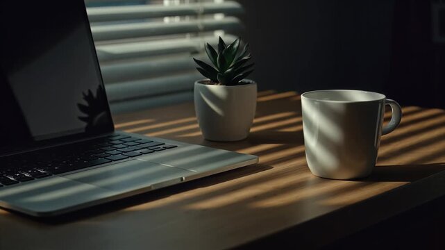Sunlight rays slowly shift across a cozy home office desk with a laptop and coffee