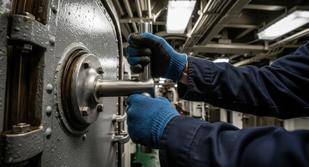 Obraz premium Close-up of gloved hands operating a heavy-duty lever on a large metal door, suggesting industrial work or maintenance