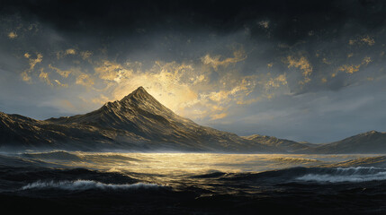 Majestic Mountain at Dawn: As the sun gently kisses the mountain peaks, casting a golden glow upon the tranquil lake, a dramatic sky filled with gathering clouds foreshadows the coming of a storm.