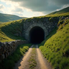 Fototapeta premium Dirt path leads to dark stone tunnel entrance in grassy hills. Old archway in rocky mountainside. Path winds through green landscape under cloudy sky.
