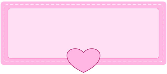 Pastel pink rectangular message frame with white stitched border and cute heart icon, blank horizontal banner for romantic notes, wedding stationery, and digital journaling