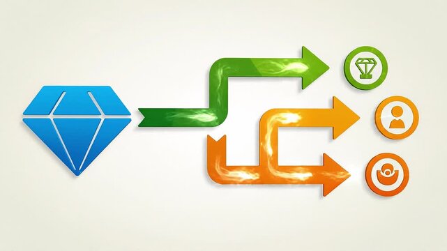 An animated business decision icon with branching arrows, smooth transition animation, flat vector style, slow side pan camera movement, loop.