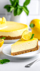 Lemon cheesecake slice with crust, bright glaze, mint garnish. Plant and whole cake blurred behind