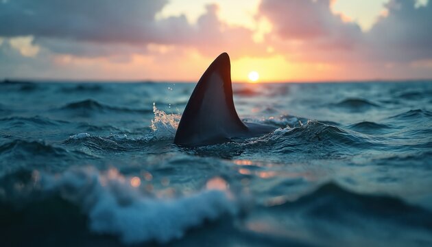 fin breaks ocean water surface at beautiful sunset. Calm sea with small waves reflects orange sky. Predator swims near coast at twilight time.