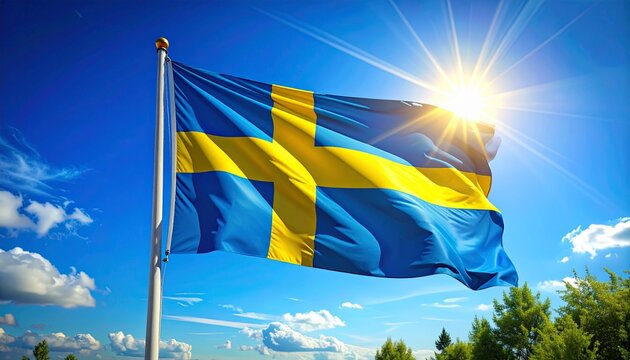 Swedish flag waving in bright sunny day with blue sky
