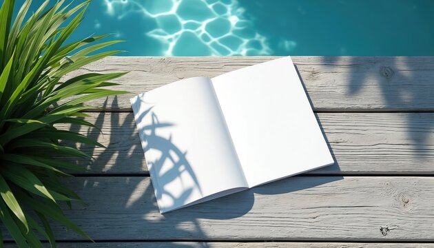 Open white brochure mockup on wooden deck near bright blue swimming pool. Rich green palm fronds cast shadows on blank pages. Perfect for summer advertising.