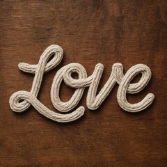 The word Love is crafted from rope on a wooden background viewed directly from above
