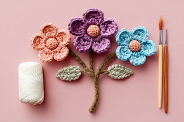 Crochet flowers in pastel shades with yarn and paintbrushes on a soft pink background from a top view
