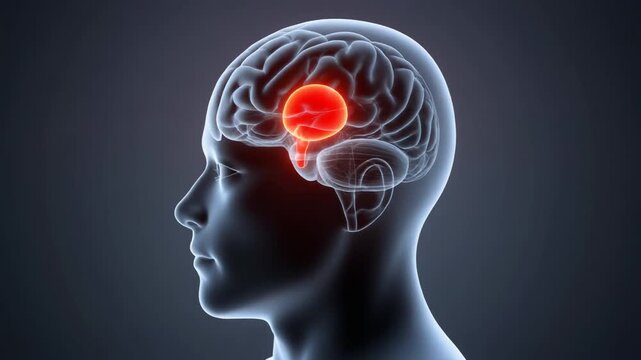 Amygdala activation in the brain shows response to stress in a series of illustrations explaining brain function