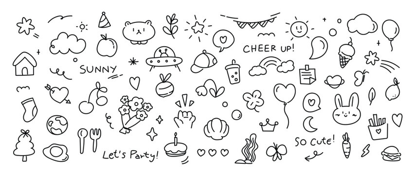 Sunny party doodle vector illustration with clouds, stars, gifts, balloons, rocket, bunny and cute icons in black and white. Hand drawn elements for stickers, cards, posters and kids projects.