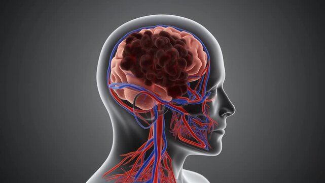 Medical animation showing stroke events in the brain with clear cross section displays at various stages