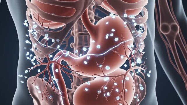 Medical animation shows insulin release into bloodstream from a transparent human torso during a human body's response to food intake